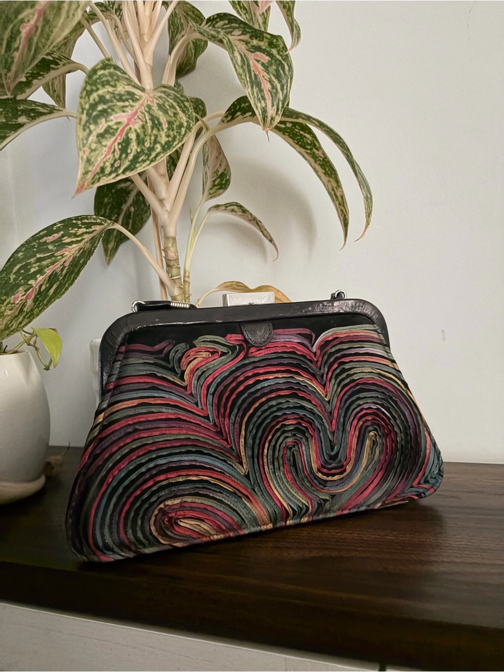 Claudia Ciuti Vintage Silk Ribbon Wave Frame Clutch Made in Italy
